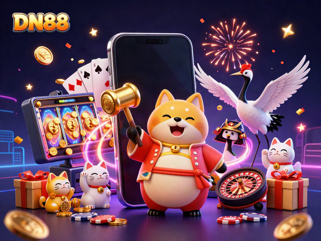 Engage with DN88's vibrant casino scene featuring a cheerful tanuki and fortune cats amidst glowing slot games.