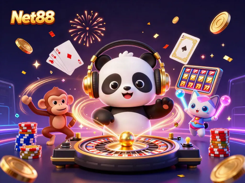 Experience the vibrant gaming backdrop with Net88 where luck meets excitement amidst cascading coins and spinning wheels.