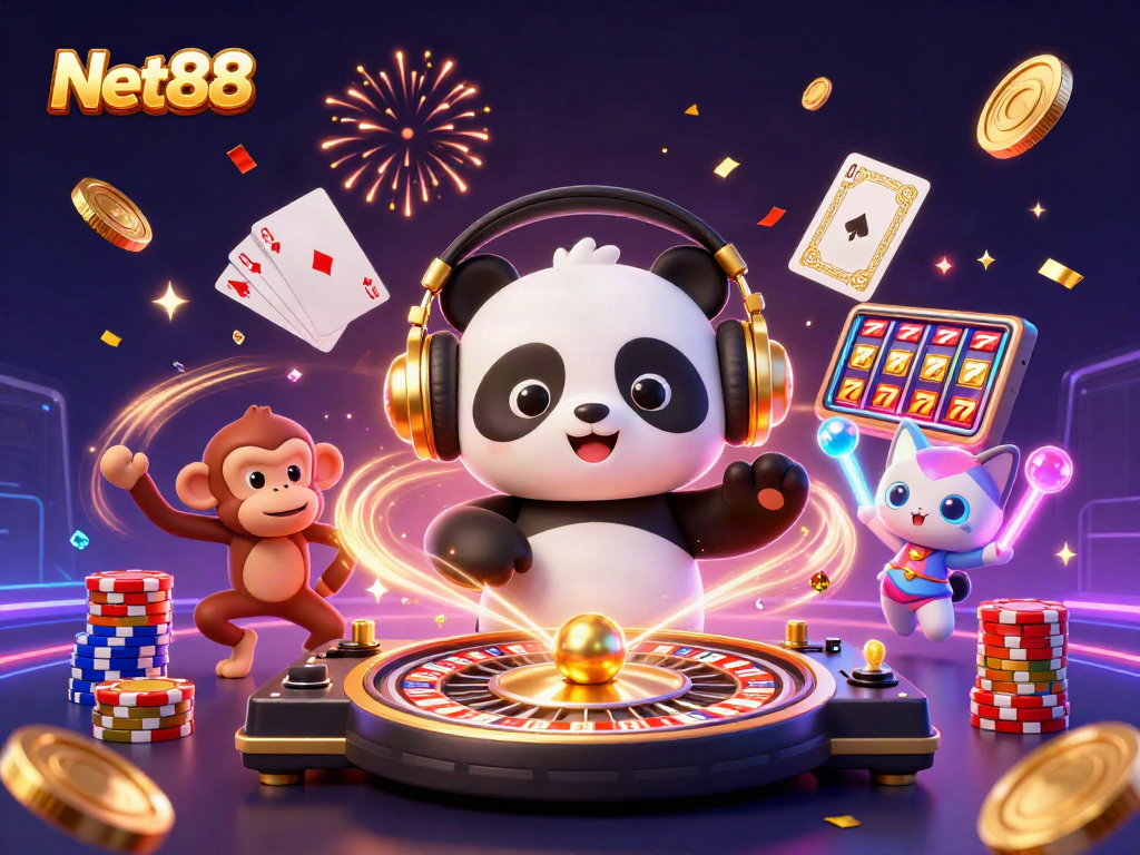 Experience the vibrant gaming backdrop with Net88 where luck meets excitement amidst cascading coins and spinning wheels.