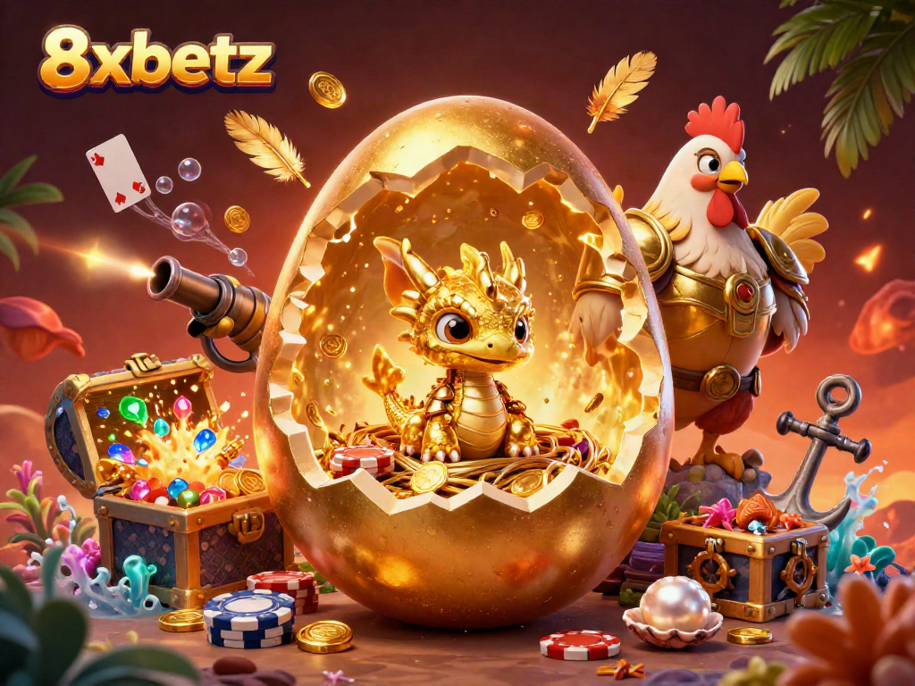 Experience thrilling gaming at 8xbetz with a golden dragon guarding poker chips amid vibrant underwater treasures.