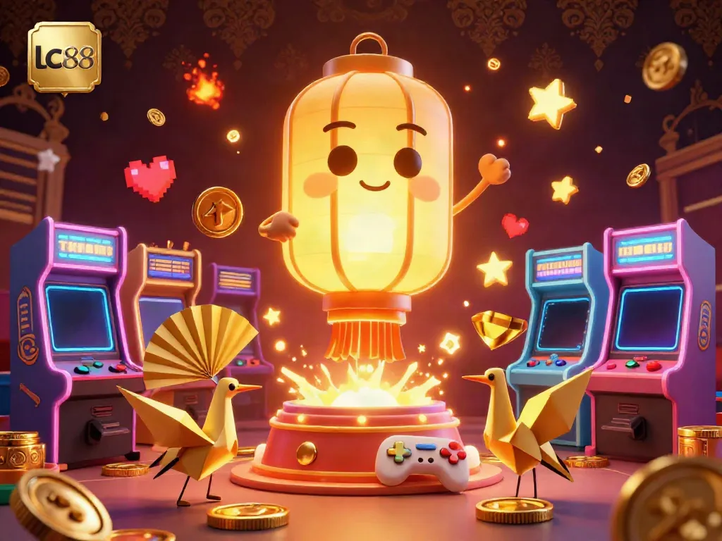 Experience the magic of lc 88 with a vibrant 3D casino scene filled with lucky symbols and dynamic game elements.