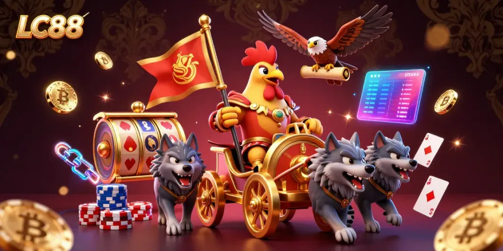 Experience exhilarating winnings at LC88 with a dynamic 3D rooster warlord leading the casino adventure featuring bright neon elements.