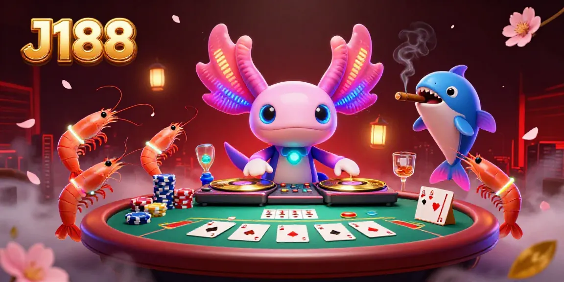 Interactive 3D scene of J188 featuring a neon axolotl DJ, poker chips, and vibrant casino elements.