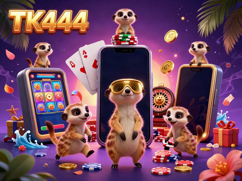 Engage in gaming action at TK444, featuring meerkats in a lively casino scene.