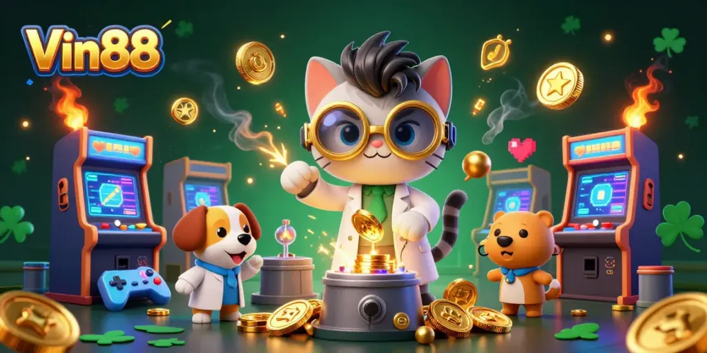 Engage in exciting gameplay with Vin88's vibrant casino scene featuring a mad scientist cat and loyal dog.