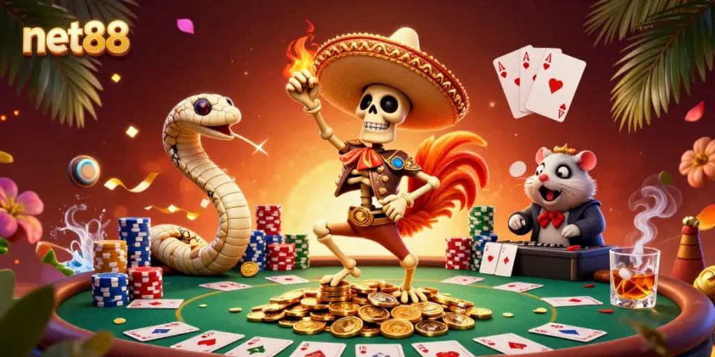 Join net88 for thrilling casino action as a mariachi rooster dances on gold coins!