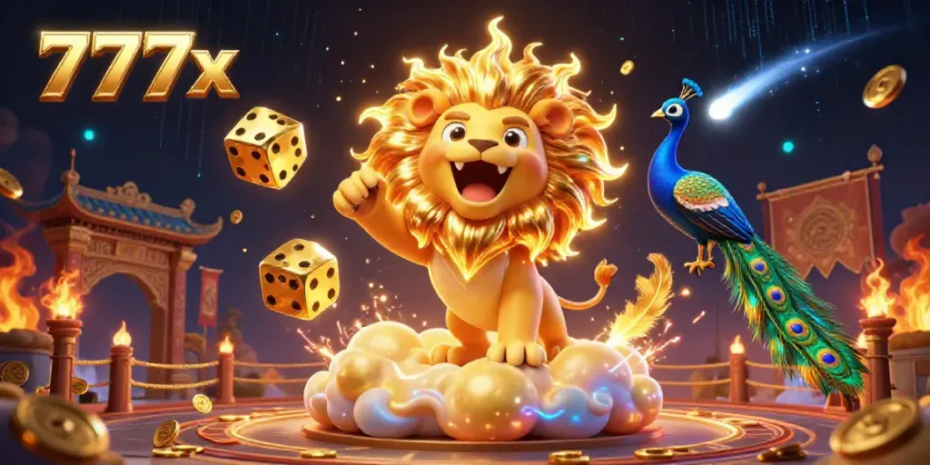 Experience vibrant gambling action at 777x with a roaring sun lion and exciting casino elements.