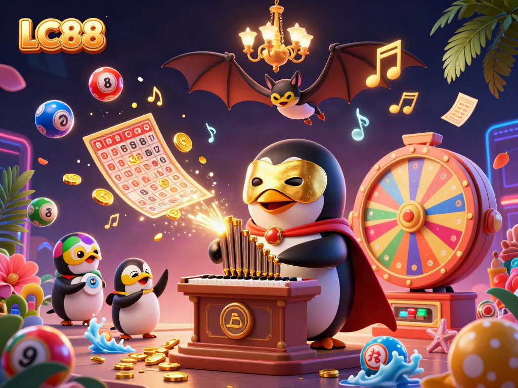 LC88 game scene with a penguin organist surrounded by colorful lottery elements, perfect for gamblers.