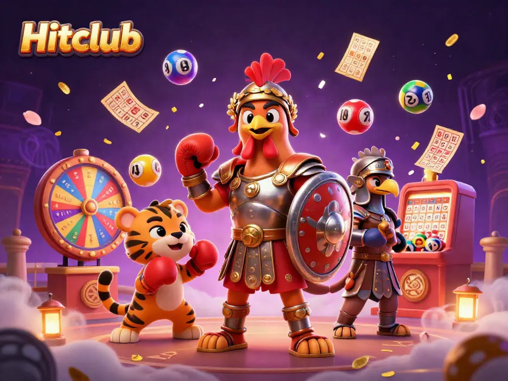 Hitclub's vibrant casino scene featuring a gladiator rooster amidst animated lottery and bingo elements.