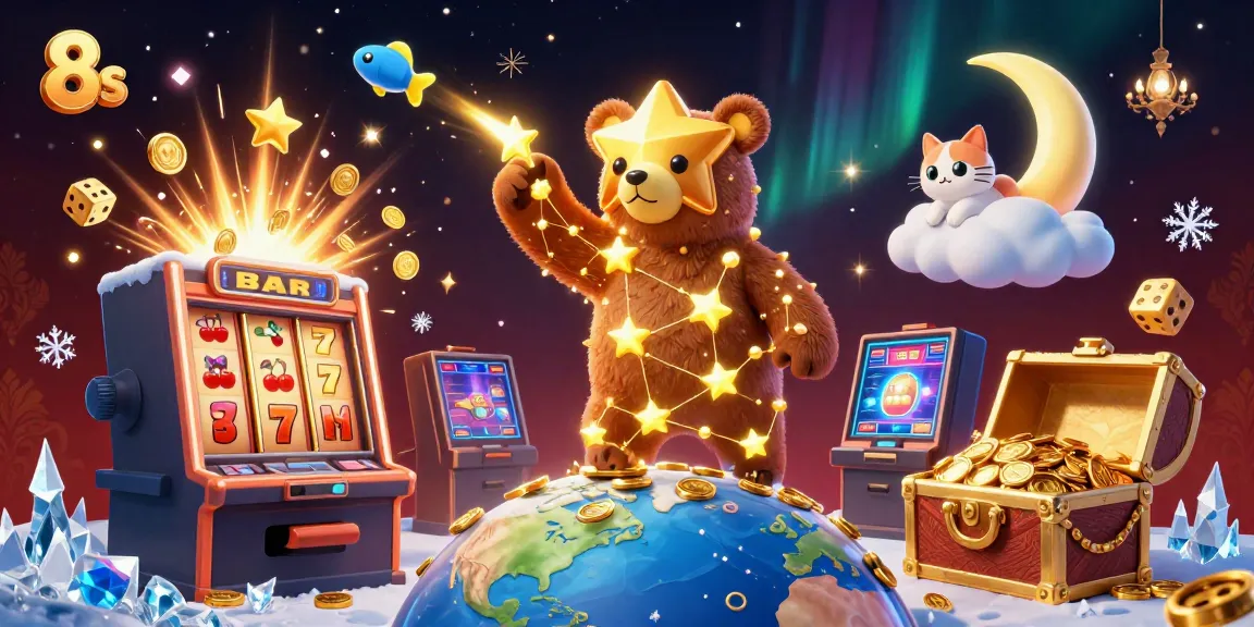 Score big with 8s in this vibrant casino scene featuring lucky symbols and golden coins.