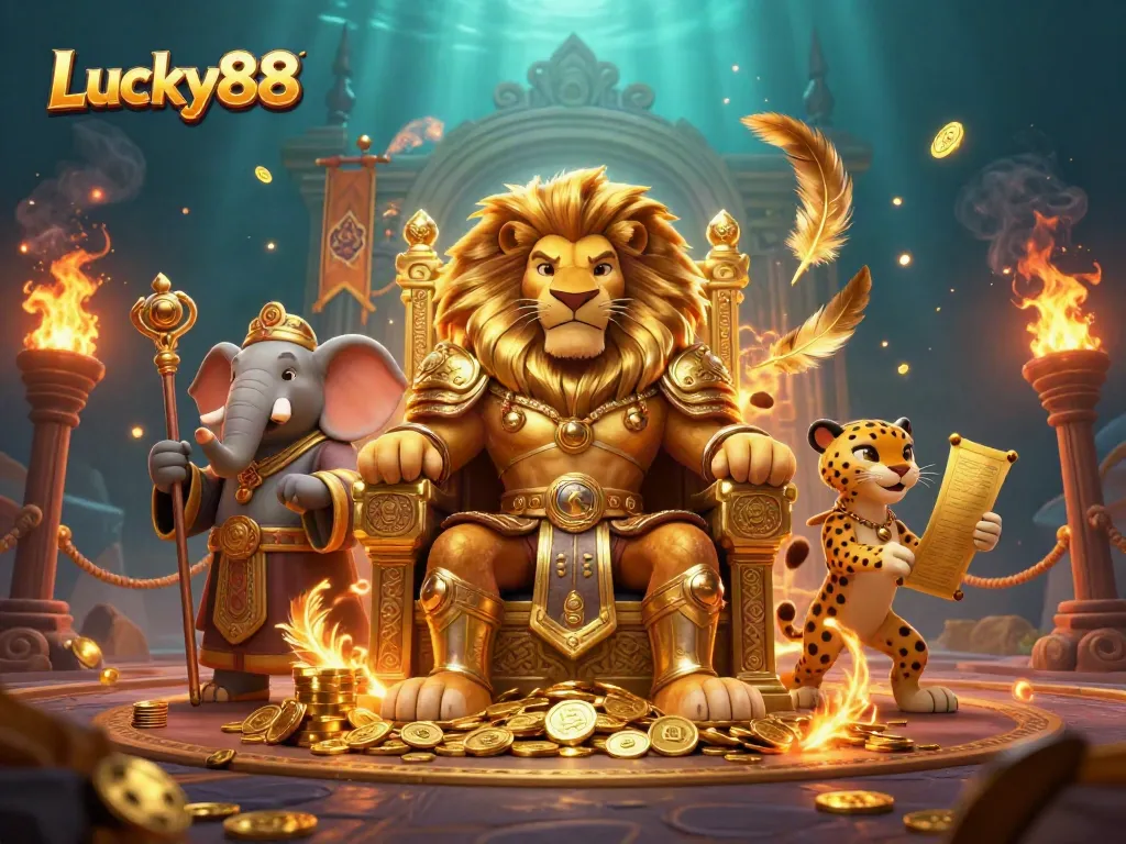 Engage with the Lucky88 experience featuring a royal lion king surrounded by vibrant casino elements.
