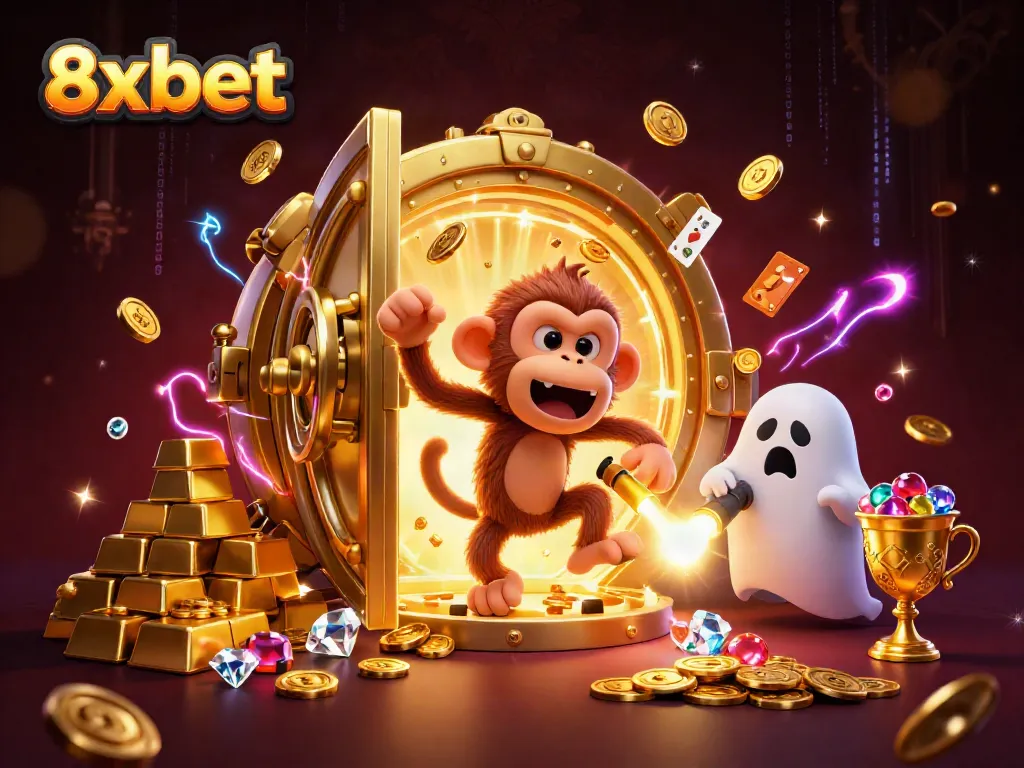 Engaging scene of gaming excitement featuring 8xbet's poltergeist monkey juggling gold items in a haunted casino