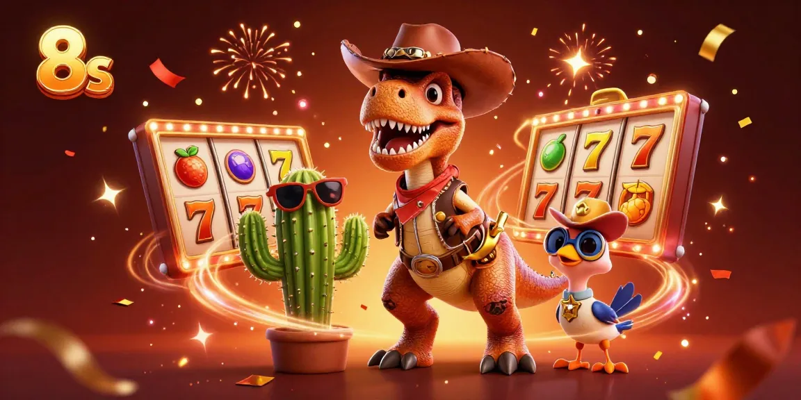 Join exciting casino adventures with 8s and a T-Rex, surrounded by vibrant slot symbols and fireworks.
