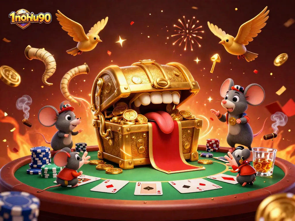 Engage with the thrilling slots experience of 1nohu90, featuring a dynamic treasure chest and poker elements.