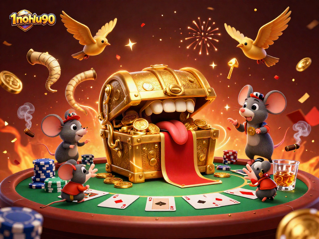 Engage with the thrilling slots experience of 1nohu90, featuring a dynamic treasure chest and poker elements.