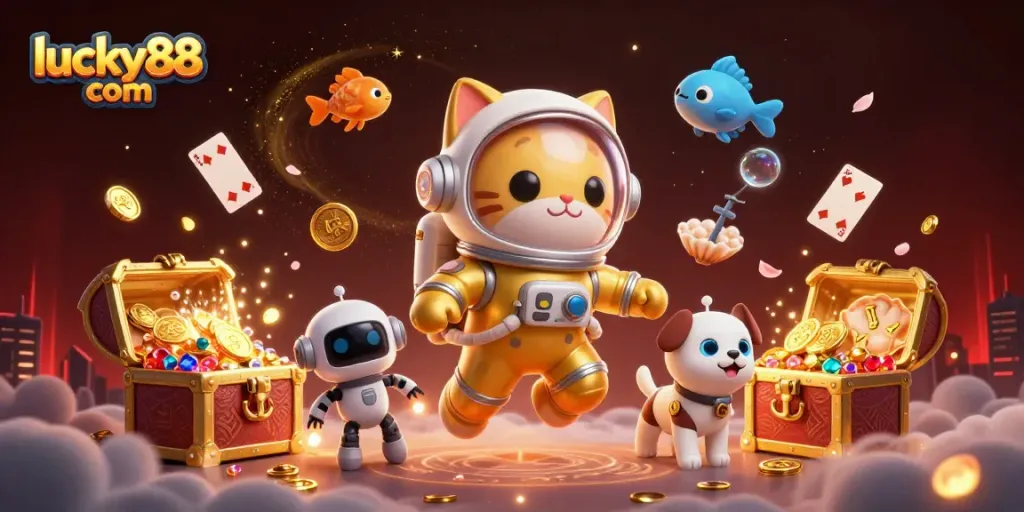 Dive into the universe of winning with lucky88 com, featuring a cat in a space suit and treasures galore!