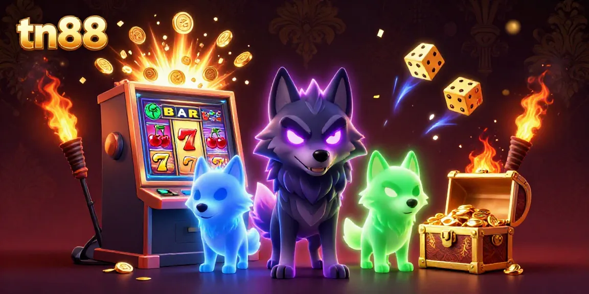 Tn88 offers thrilling casino excitement with an epic jackpot scene featuring spectral wolves and dynamic symbols.