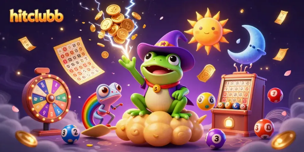 Experience the magic of hitclubb as a wizard frog conjures coins and a chameleon rides a golden cloud.