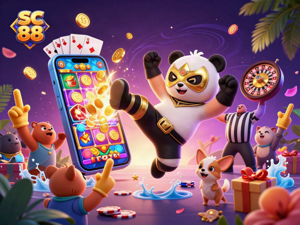 sc 88 showcases a lively 3D scene with a wrestling panda, immersive slot game, and cheerful animal spectators.