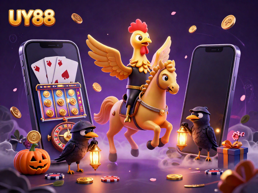 Experience the thrilling ambiance of UY88 gaming with a gold rooster and friends in a vibrant casino.