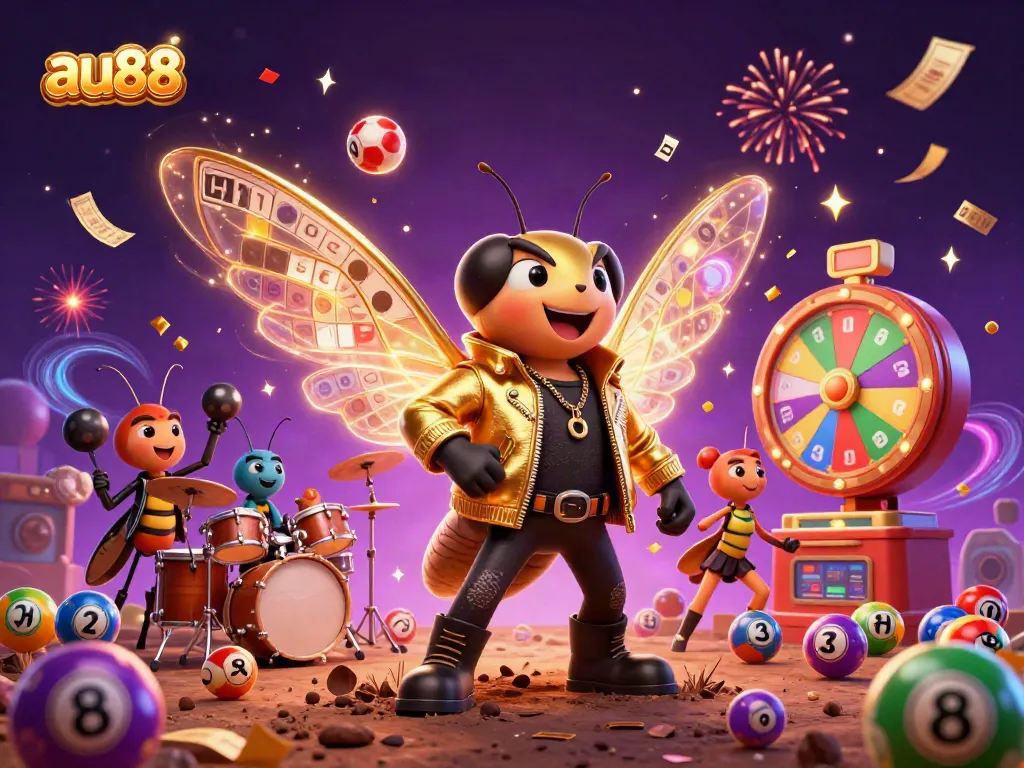 Experience the excitement at au88 with vibrant lottery balls, a buzzing cicada rock star, and dynamic casino elements.