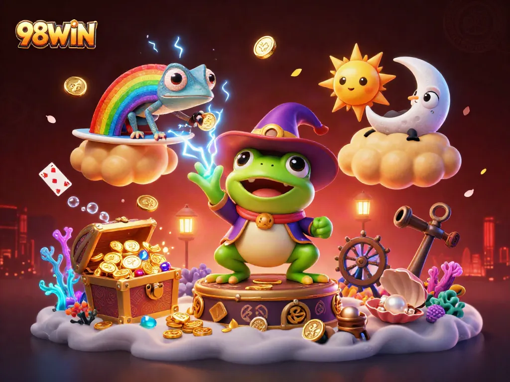 Engage with exciting casino gameplay at 98WIN, featuring a magical frog and chameleon amidst golden coins.