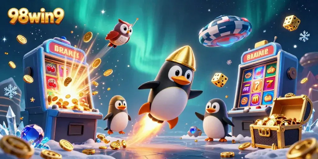 Engaging scene with 98win9 showcasing a golden penguin and vibrant casino elements