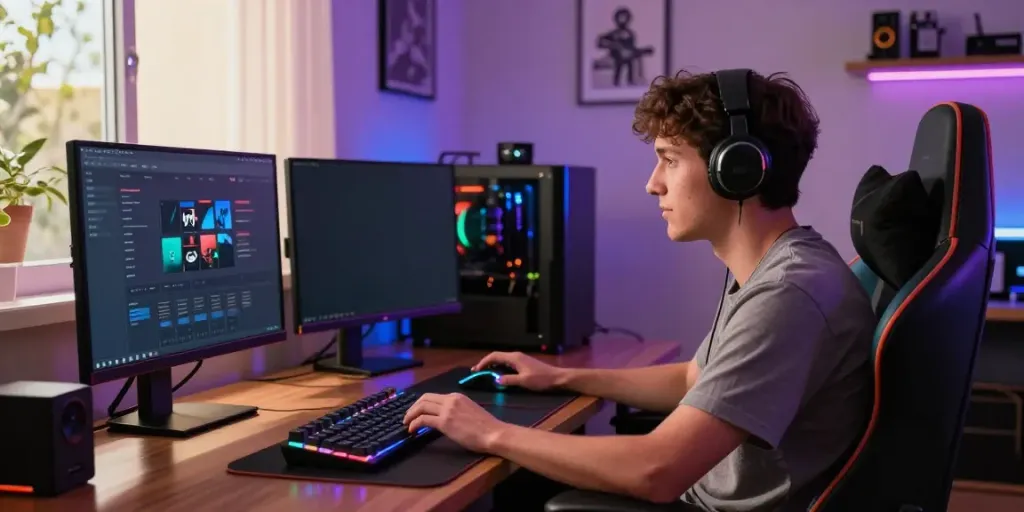 Engaged player using h19 com platform at a stylish gaming setup with dual monitors and vibrant lighting.