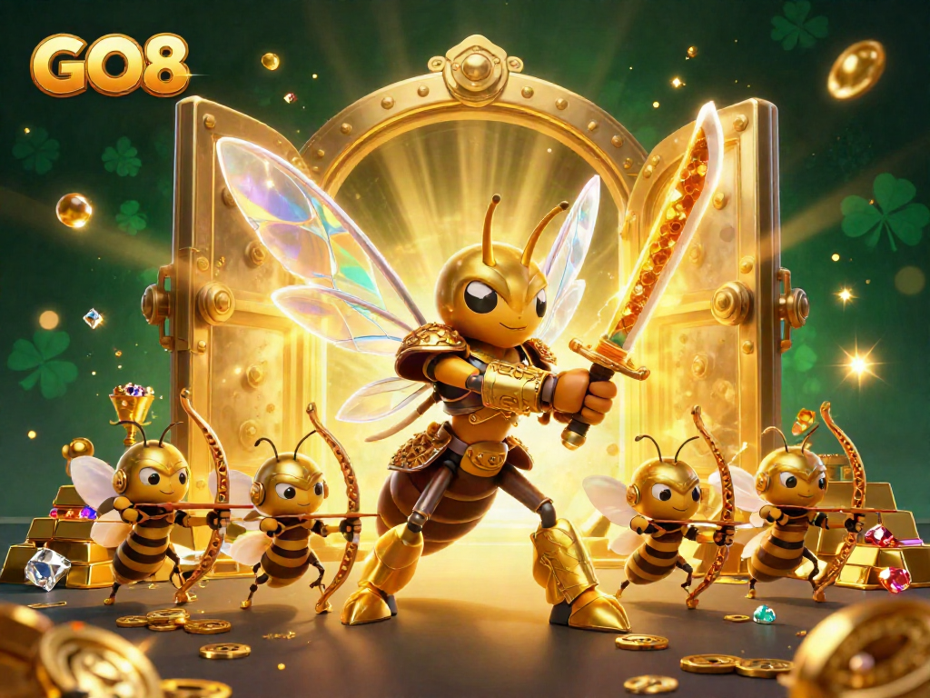 Engage with GO8's premier gaming experience featuring golden hornet warriors in a lavish treasure scene.