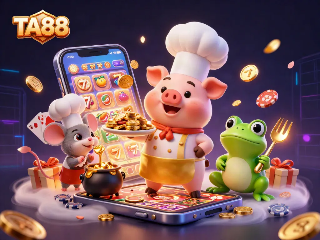 TA88 casino illustration with chef pig serving gold coins and gaming elements around