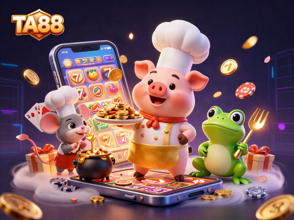 TA88 casino illustration with chef pig serving gold coins and gaming elements around