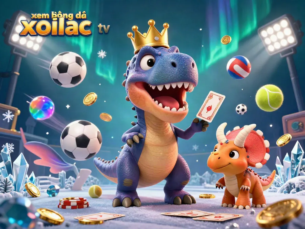 Watch xem bóng đá xoilac tv with a playful dinosaur-themed casino scene featuring characters and sports elements.