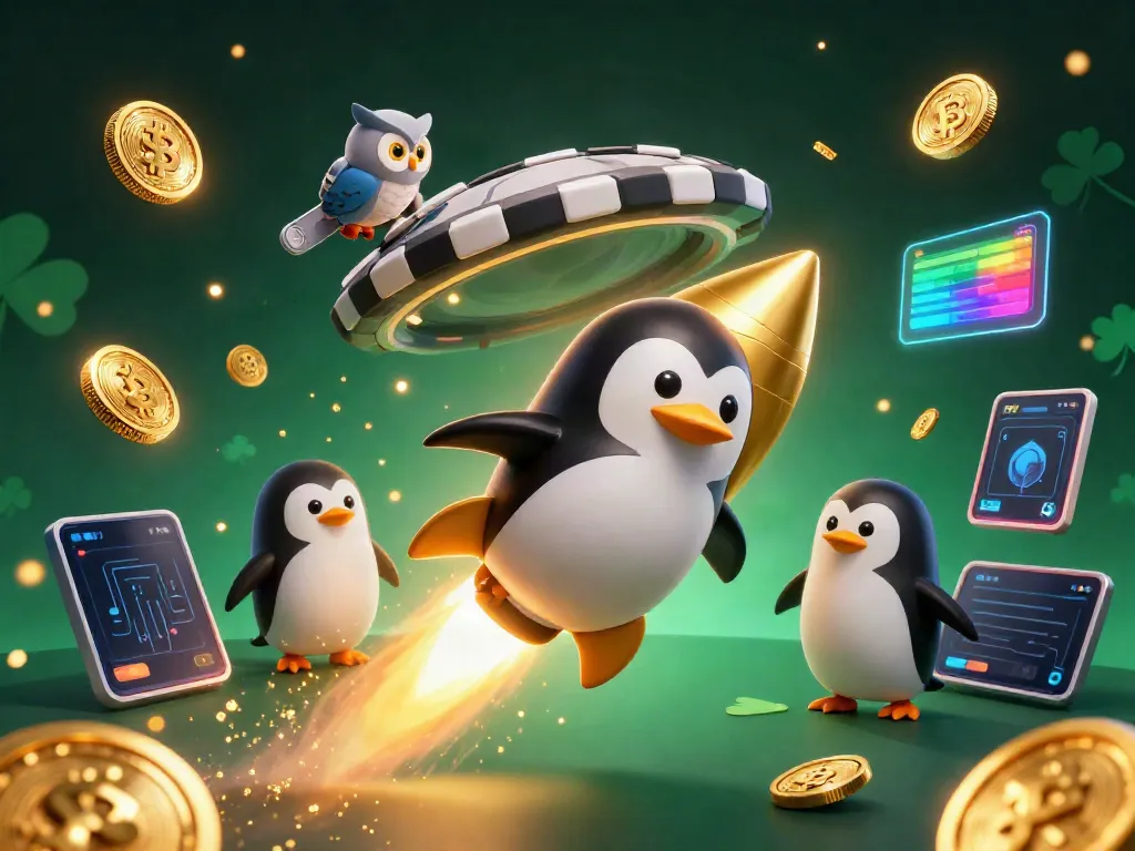 Engage with S8's thrilling golden penguin racing towards a vibrant casino space station.