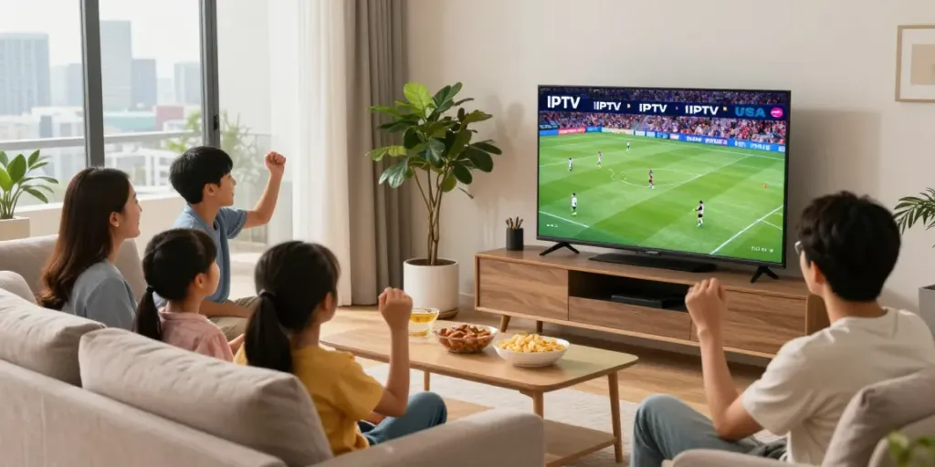 Family enjoying a sports game streamed on IPTV USA in a cozy living room.