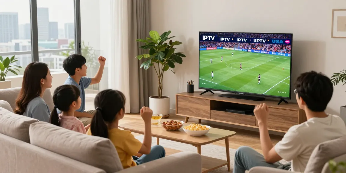 Family enjoying a sports game streamed on IPTV USA in a cozy living room.