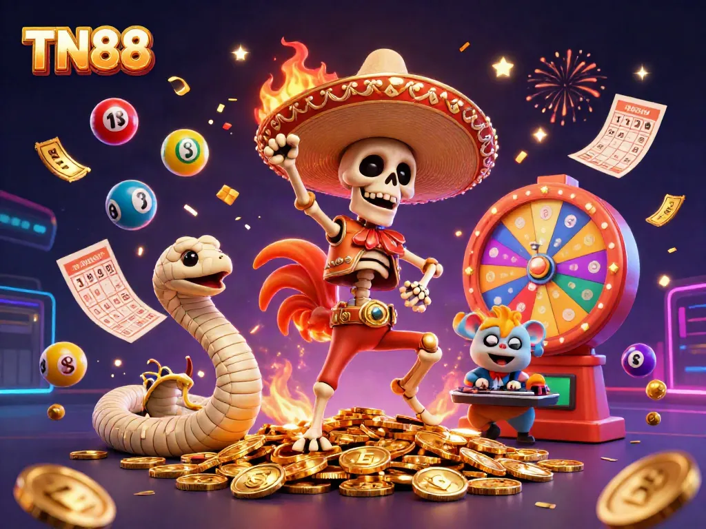 Experience thrilling gameplay at TN88 with colorful lottery balls, golden coins, and dynamic gaming characters.