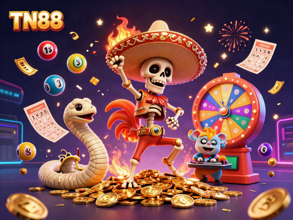 Experience thrilling gameplay at TN88 with colorful lottery balls, golden coins, and dynamic gaming characters.