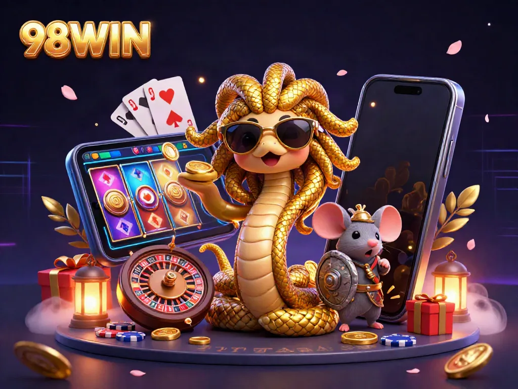 Engage with 98WIN through a vibrant digital casino scene featuring cute Medusa and her warrior companion.