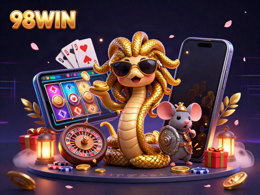 Engage with 98WIN through a vibrant digital casino scene featuring cute Medusa and her warrior companion.