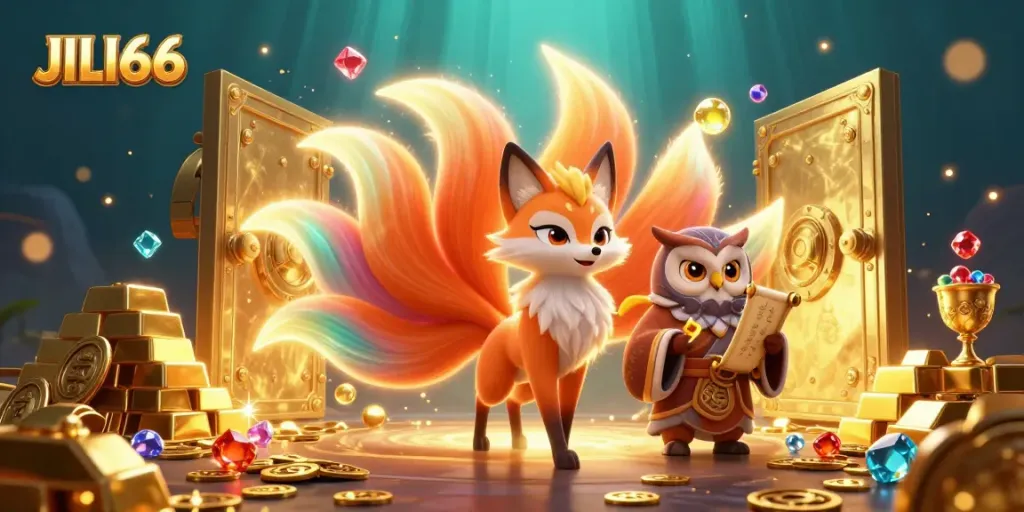 Experience the excitement of JILI66 Casino with vibrant characters and treasures in a 3D rendering illustration.