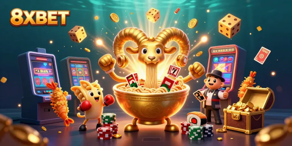 Experience the vibrant world of 8XBET with a dynamic casino-themed 3D illustration