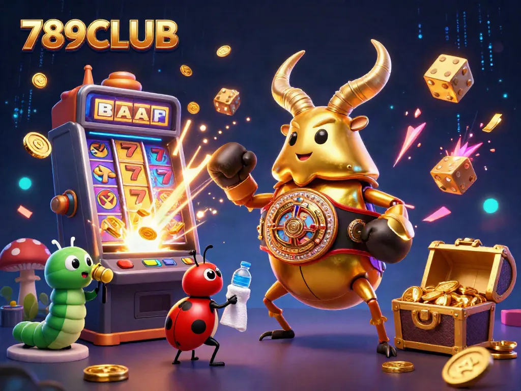 Experience thrilling gameplay with 789CLUB as the vibrant golden stag beetle battles for a jackpot, surrounded by dynamic casino elements.