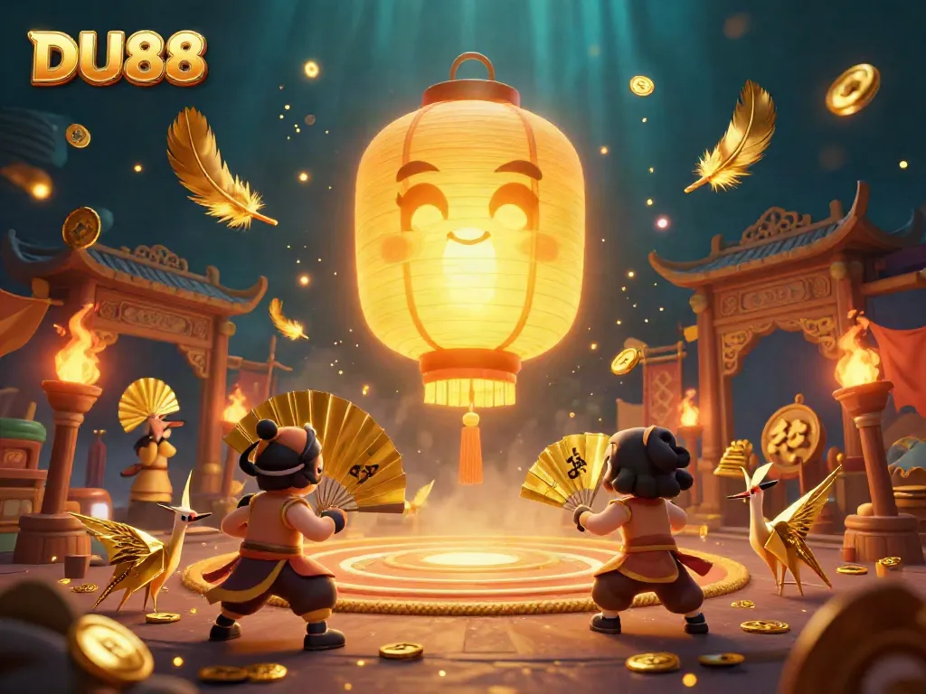 Experience the enchanting DU88 casino scene with glowing lantern spirit and golden companions, showcasing vibrant gambling action.