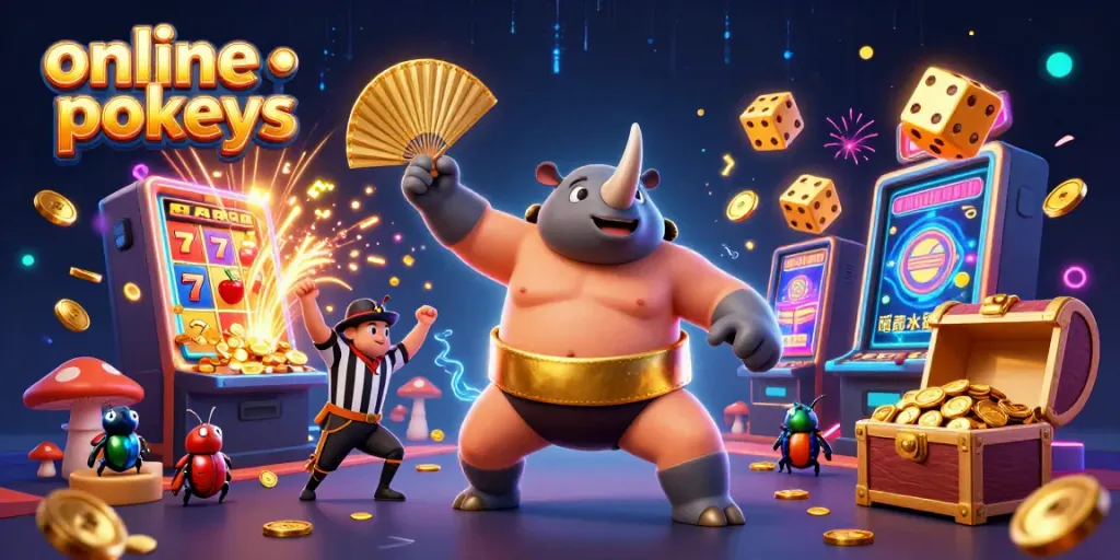 Play thrilling online pokies in a vibrant 3D casino scene with animated characters, coins, and slot machine excitement