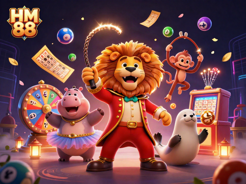 Win big at HM 88 with exciting 3D carnival gambling scene featuring lively characters and lucky game elements.