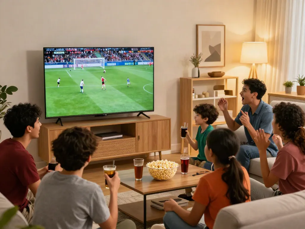 Fans enjoying a live football match on thapcamtv in a cozy living room.