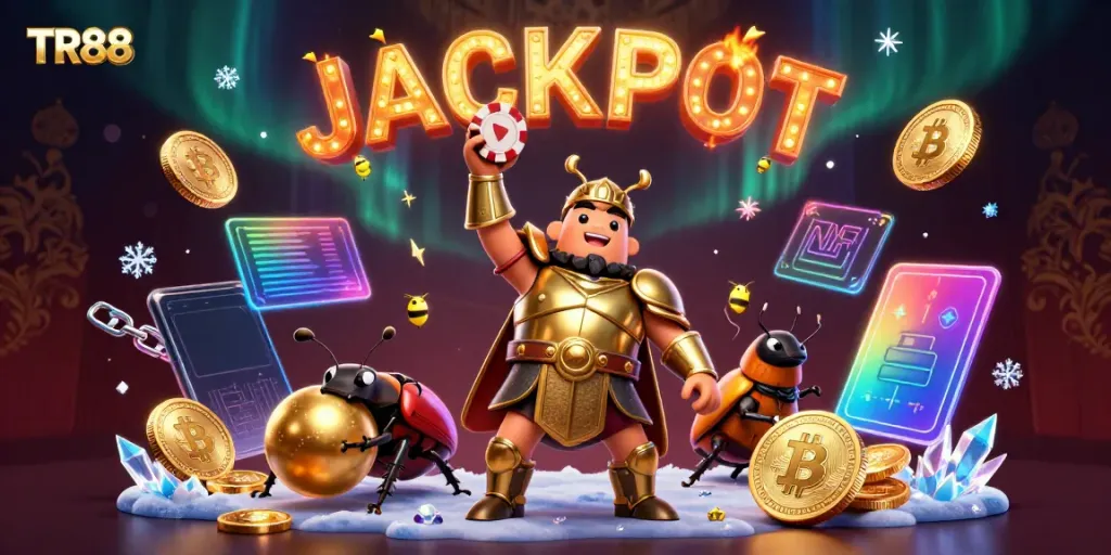 Experience the thrilling victory moment at TR88 with a gladiator beetle championing a poker chip surrounded by vibrant gaming elements.