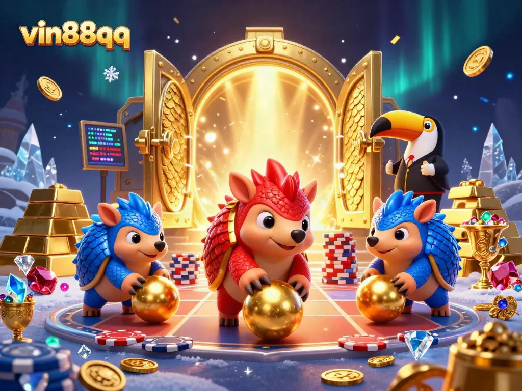 vin88qq features rival pangolins rolling through poker chips in a vibrant casino scene