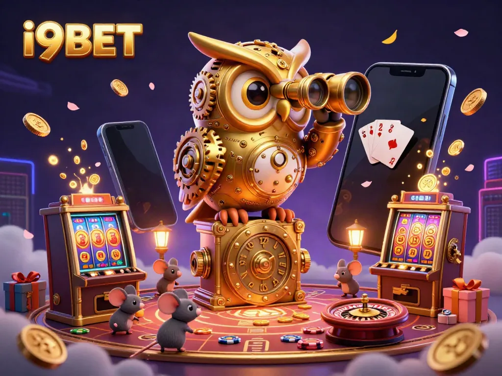 Experience thrilling gaming at i9BET with our detailed casino scene featuring vibrant slot games and unique characters.