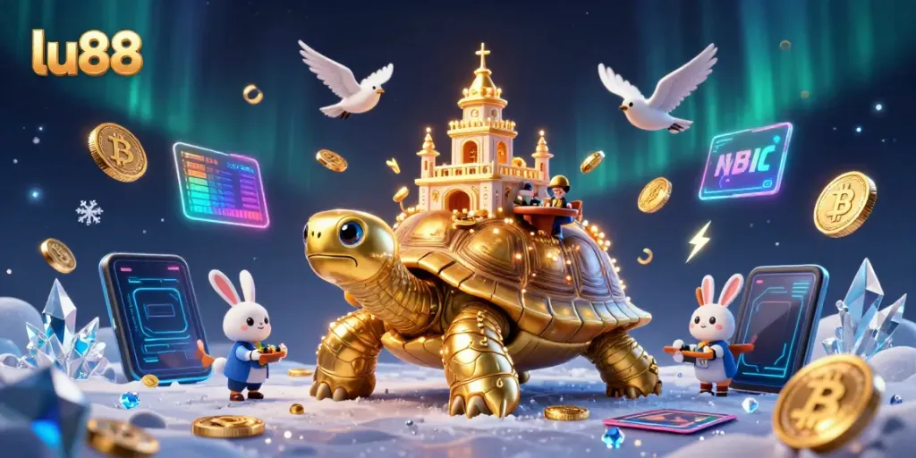 Experience thrilling gameplay at lu88 with a 3D illustration of a golden tortoise casino, showcasing vibrant elements.